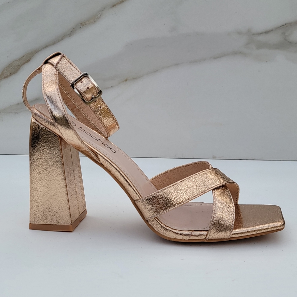Boohoo | Rose Gold Anklestrap square open toe block heel Size 40